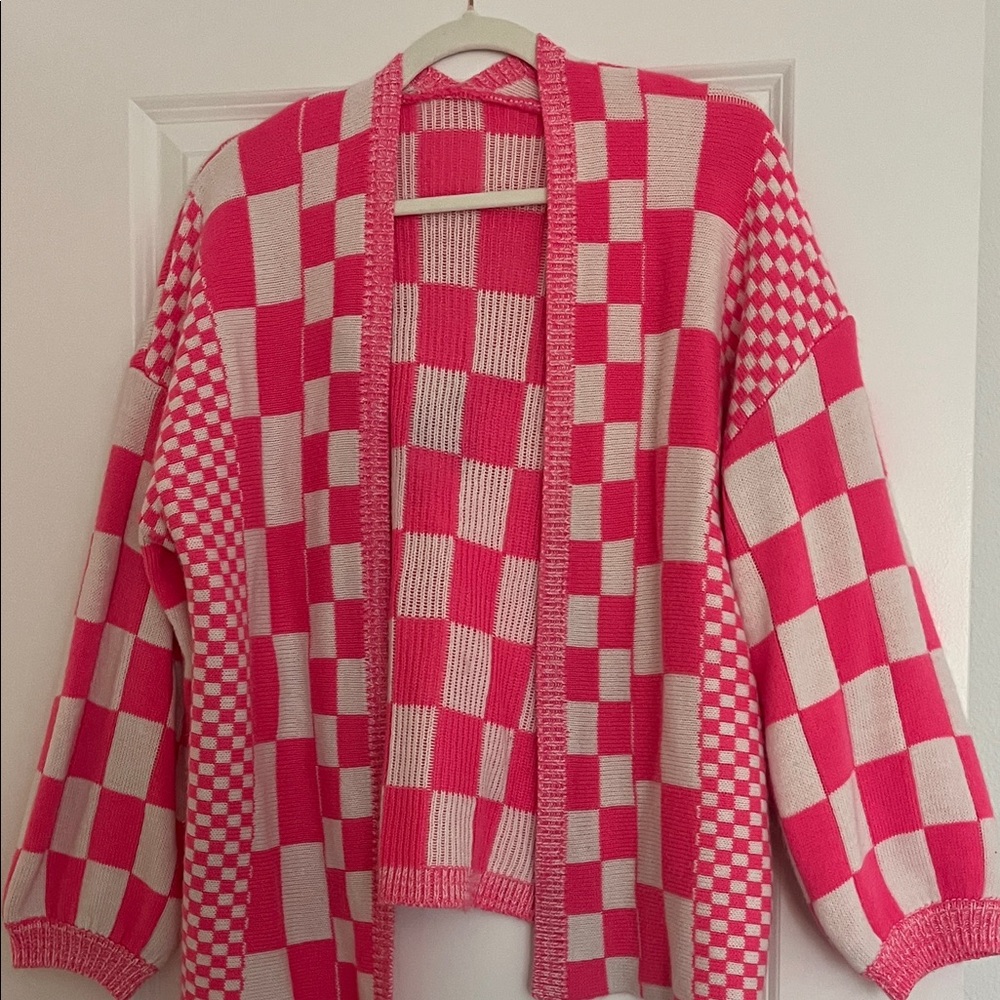 Pink and White Checkered stylish oversized Cardigan Sz S